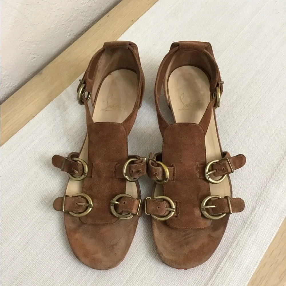 Christian Louboutin Brown Suede Strappy Flat Sandals with Gold Buckles
